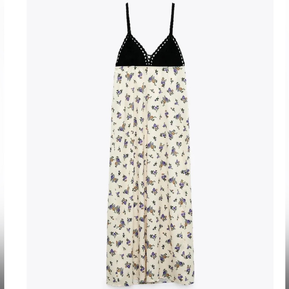 ZARA NWT Cream Floral Satin Crochet Maxi Dress